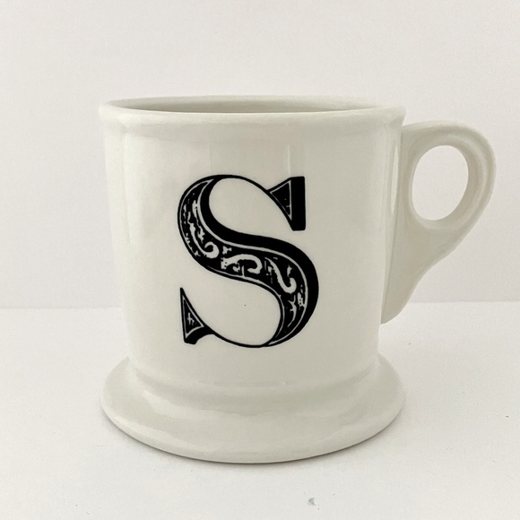Anthropologie Monogram Barbers Mug White & Black Coffee Ceramic Cup Letter S - Picture 1 of 12